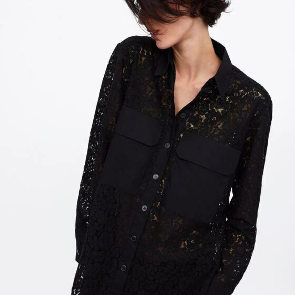 ZARA LONG LACE BUTTON UP COLLARED BLOUSE SHIRT
